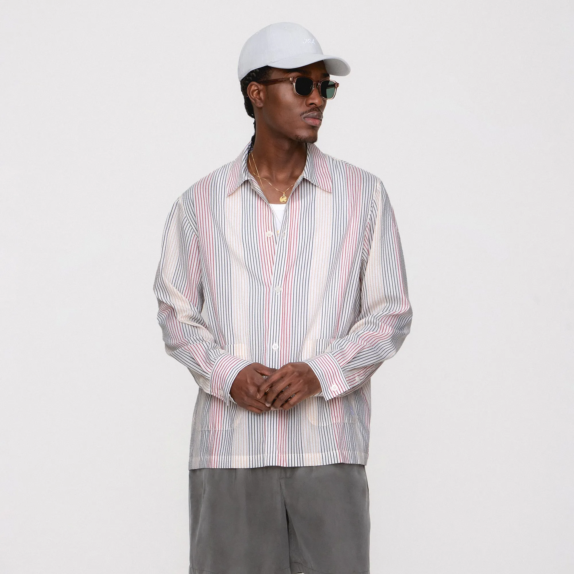 Workwear Essential Stretch Fabric Kith Seersucker Long Sleeve Boxy Collared Overshirt - White