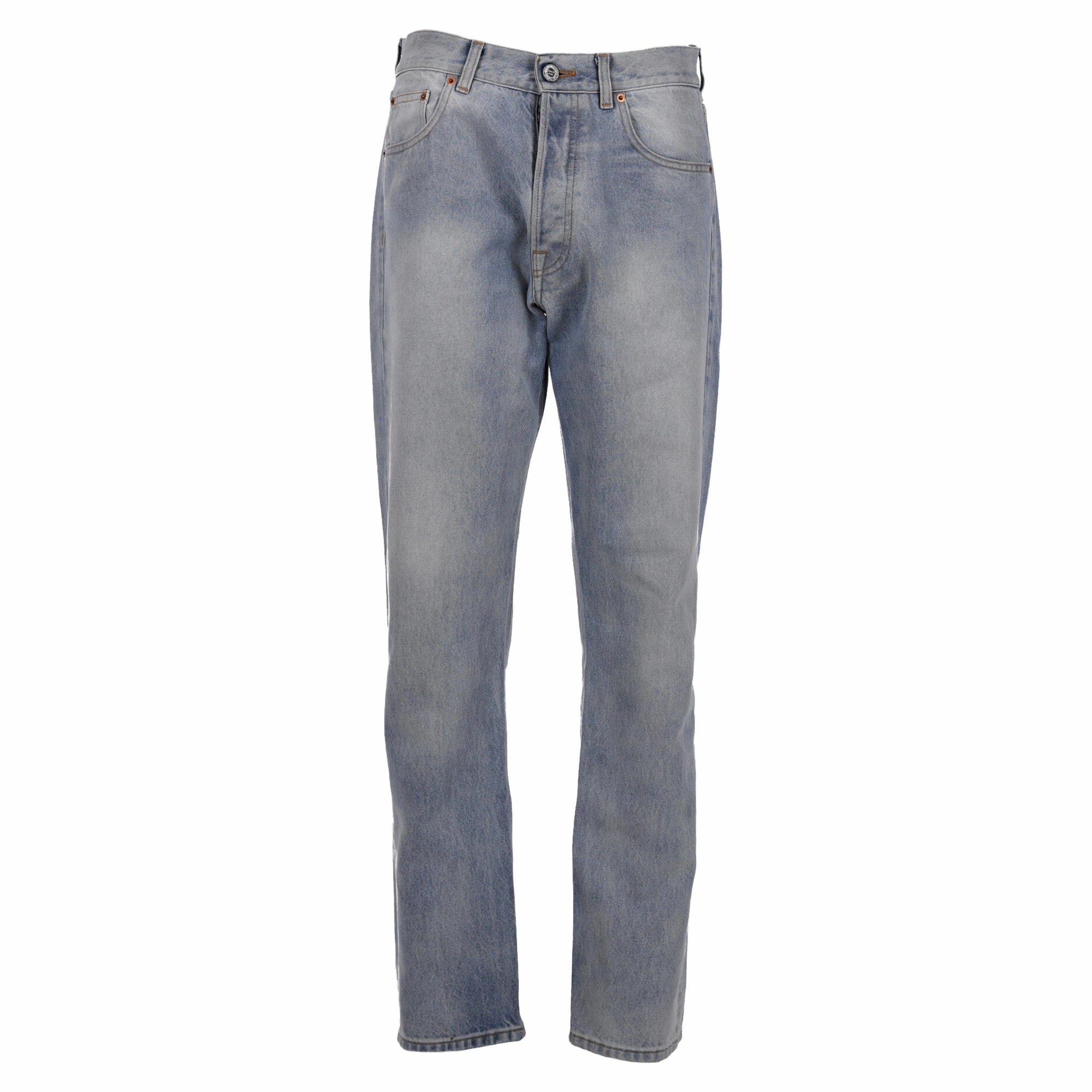 Vetements Faded Straight-Leg Jeans in Light Blue Cotton Denim Mid Rise Structure Reinforced Pockets