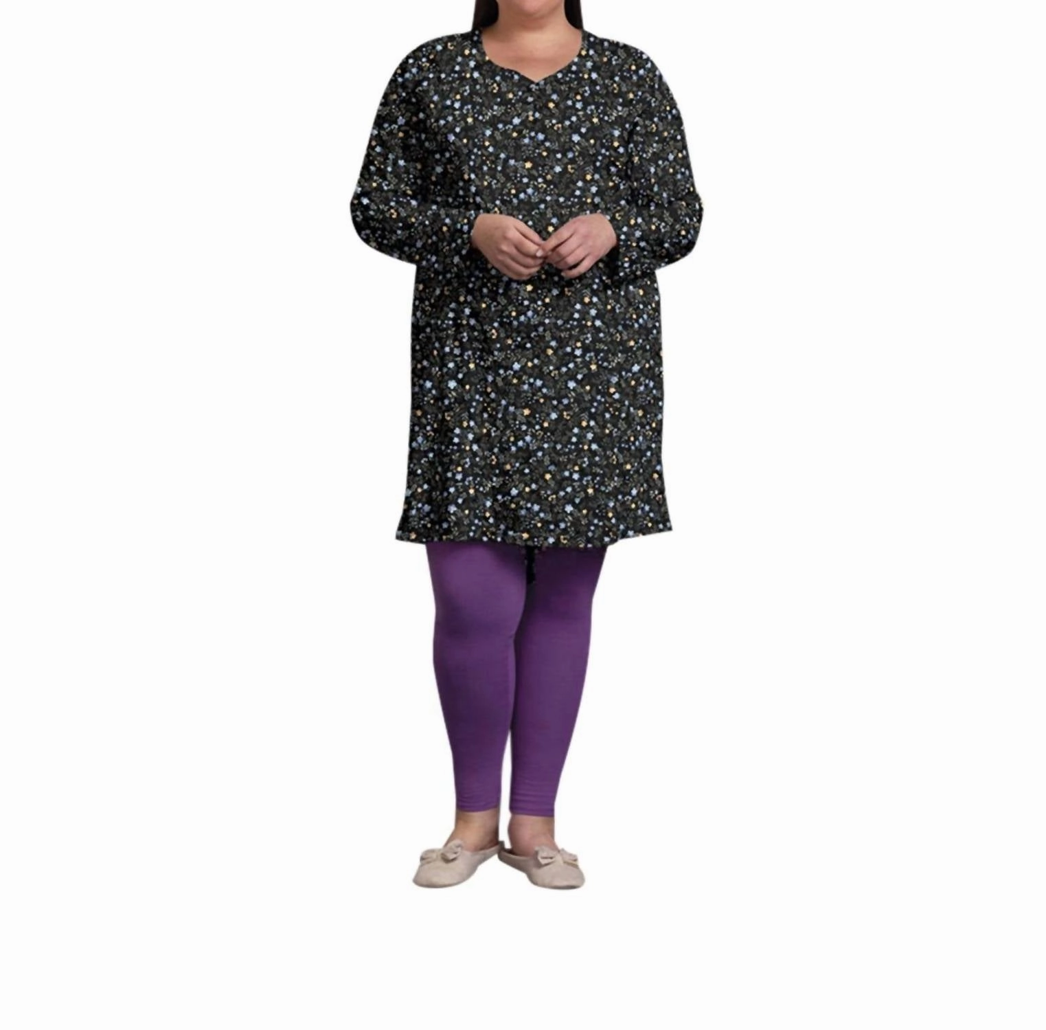 Cotton Long Sleeve Sleep Top - Plus In Black Ditsy Floral Minimalist Style
