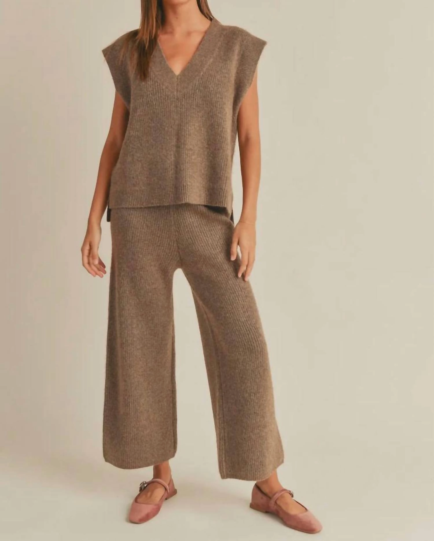 Double Stitched Seams Soft Jersey Knit Cozy Combo Knit Loungewear Set In Brown