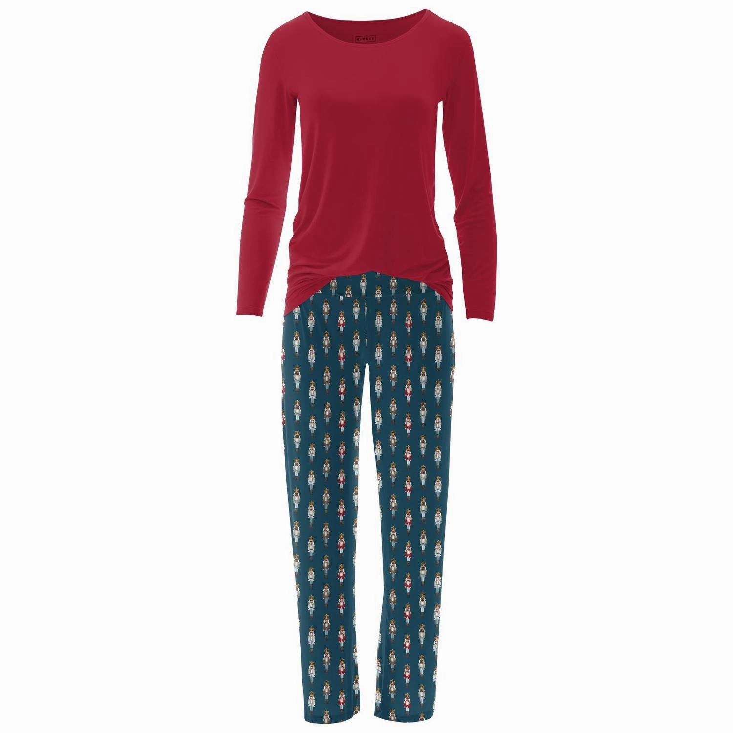 Women's Long Sleeve Tee & Pajama Pants Set In Peacock Nutcrackers Hidden Stretch Panel Crew Neckline