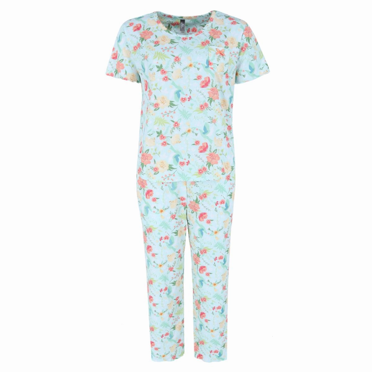 Ultra Stretch Waistband Comfortable fit Women's Tropical Floral Ribbed Short Sleeve Capri Set