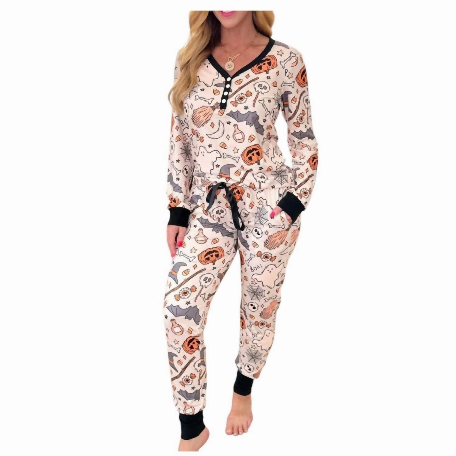 Halloween Pajama Set In Spooky Pumpkin White Ultra Stretch Waistband