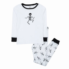 Plush Terry Cloth Moisture Control Fabric Kids Two Piece Cotton Pajamas Skeleton White