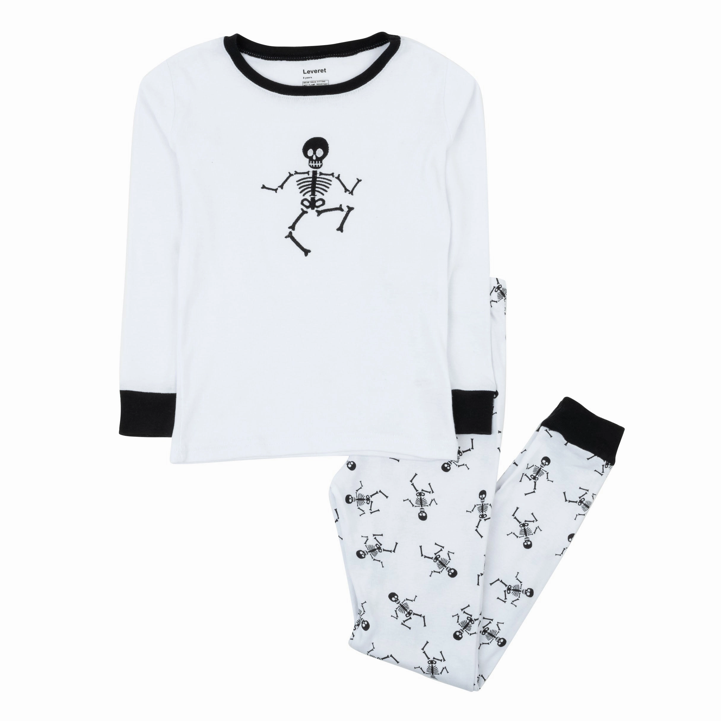 Plush Terry Cloth Moisture Control Fabric Kids Two Piece Cotton Pajamas Skeleton White