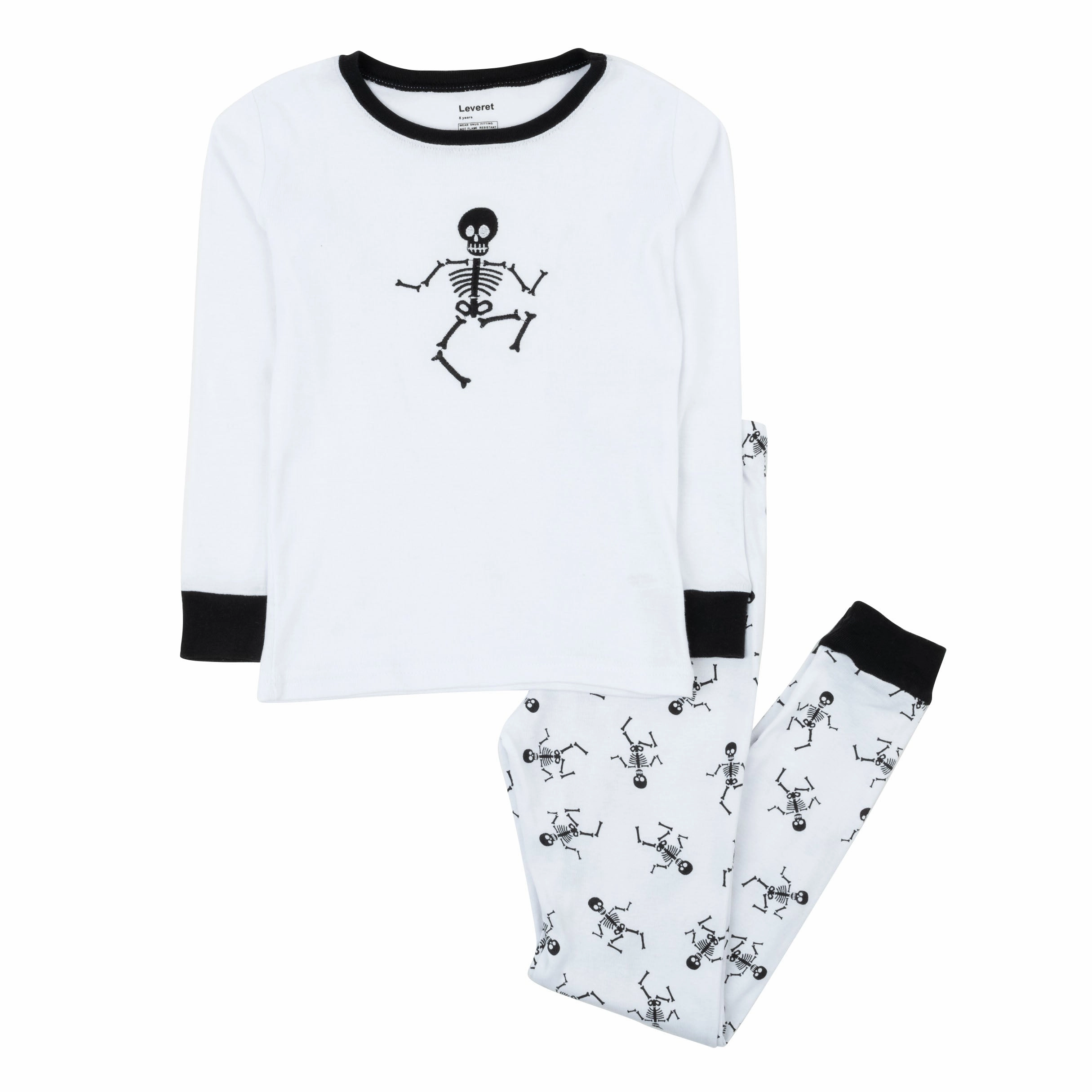 Odor Control Technology Stretchable Fabric Kids Two Piece Cotton Pajamas Skeleton White