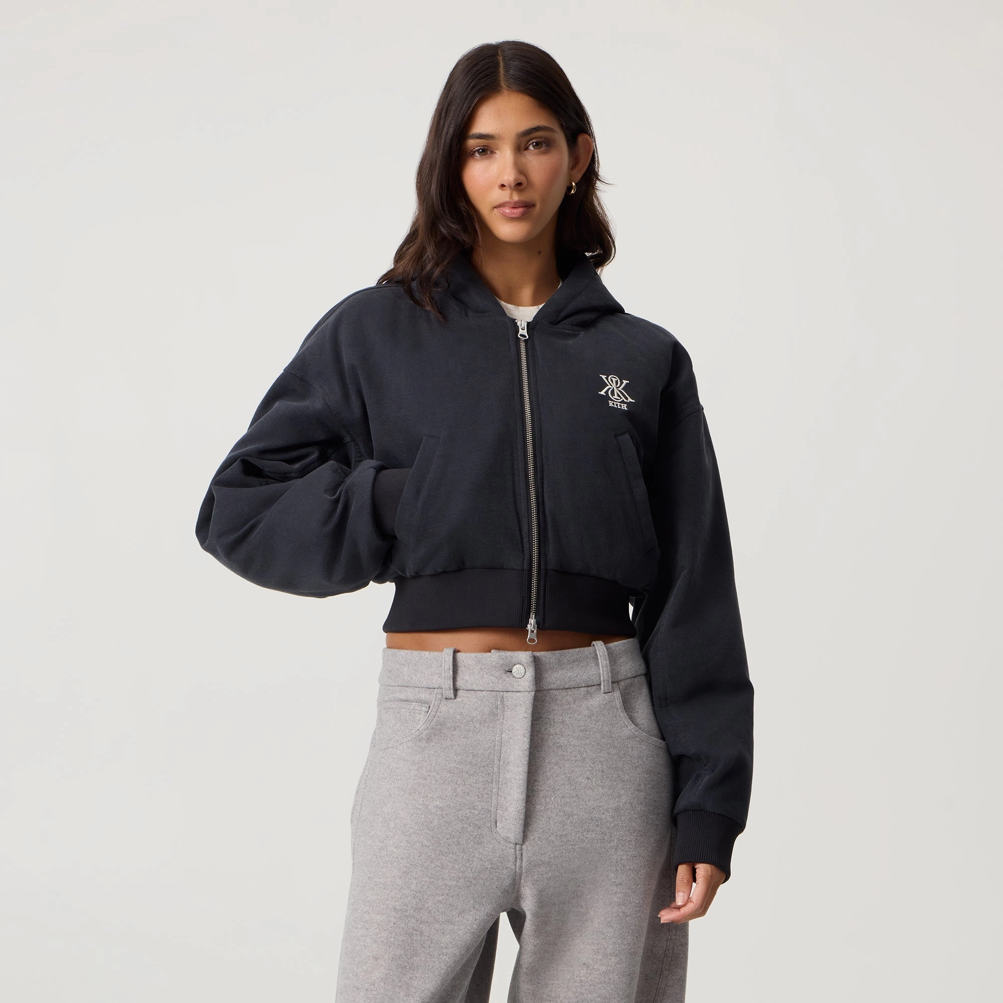Tear Resistant Fabric Blends AllDay Comfort Design Kith Women Bex Cropped Denim Puffer - Washed Black