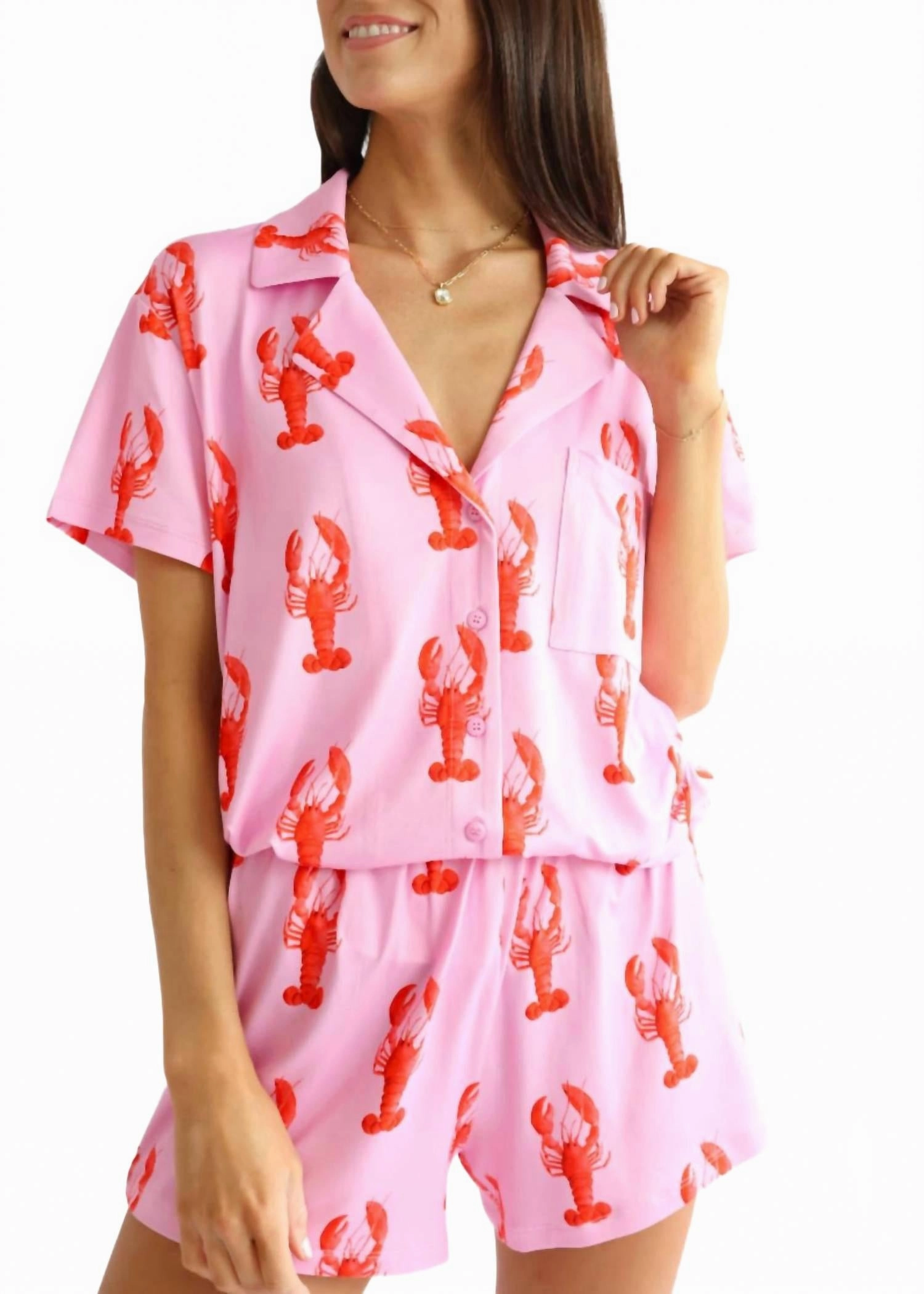 Ribbed Collar Design Flexible Stretch Fabric Sunday Morning Pajamas Set In Pink Lobster