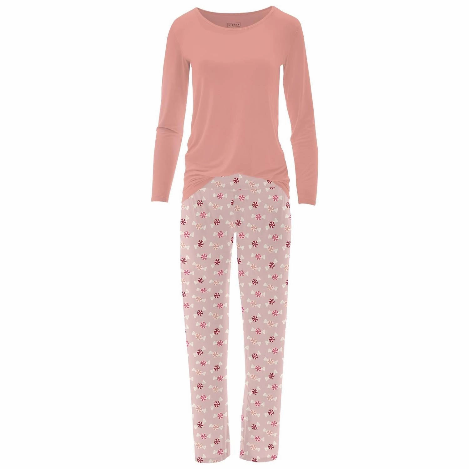 High Rise Fit Women's Long Sleeve Tee & Pajama Pants Set In Baby Rose Peppermints