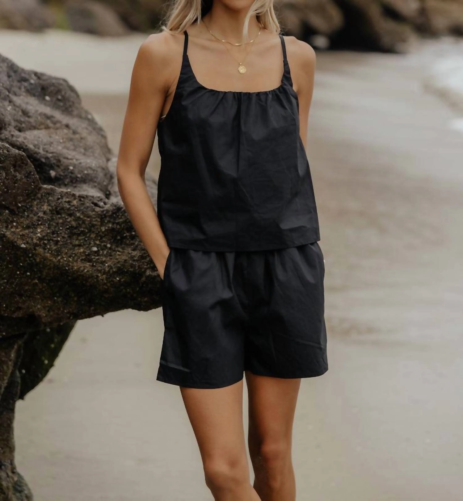 Poplin Tank & Shorts Set In Black Plush Terry Cloth