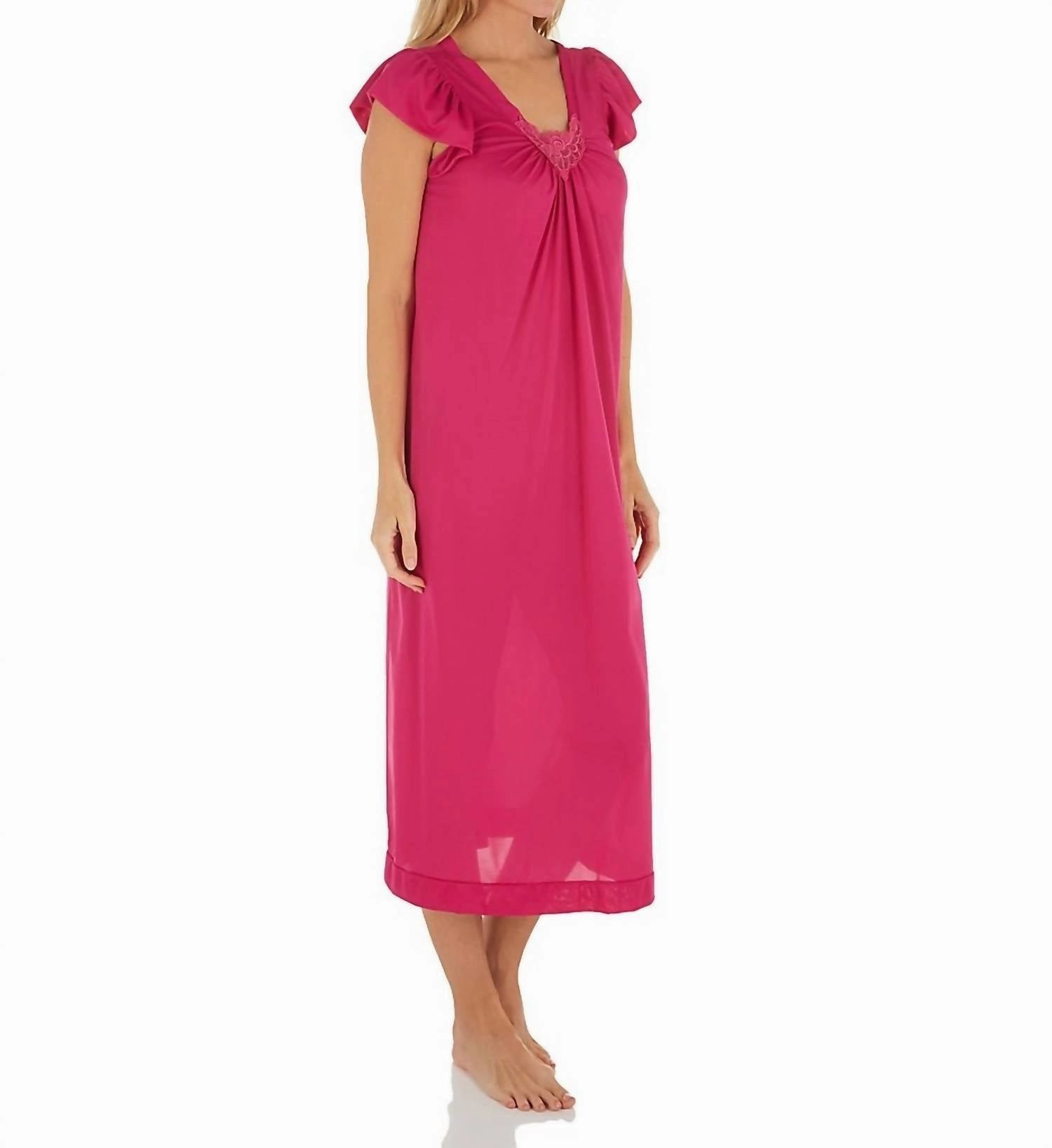 Layered Collar Long Cap Sleeve Nightgown In Raspberry