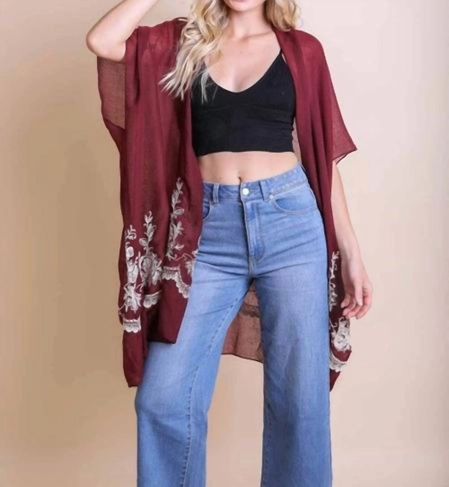 FourWay Stretch Tagless Comfort Lightweight Floral Embroidered Tassels Boho Festival Kimono Wrap In Rosewood
