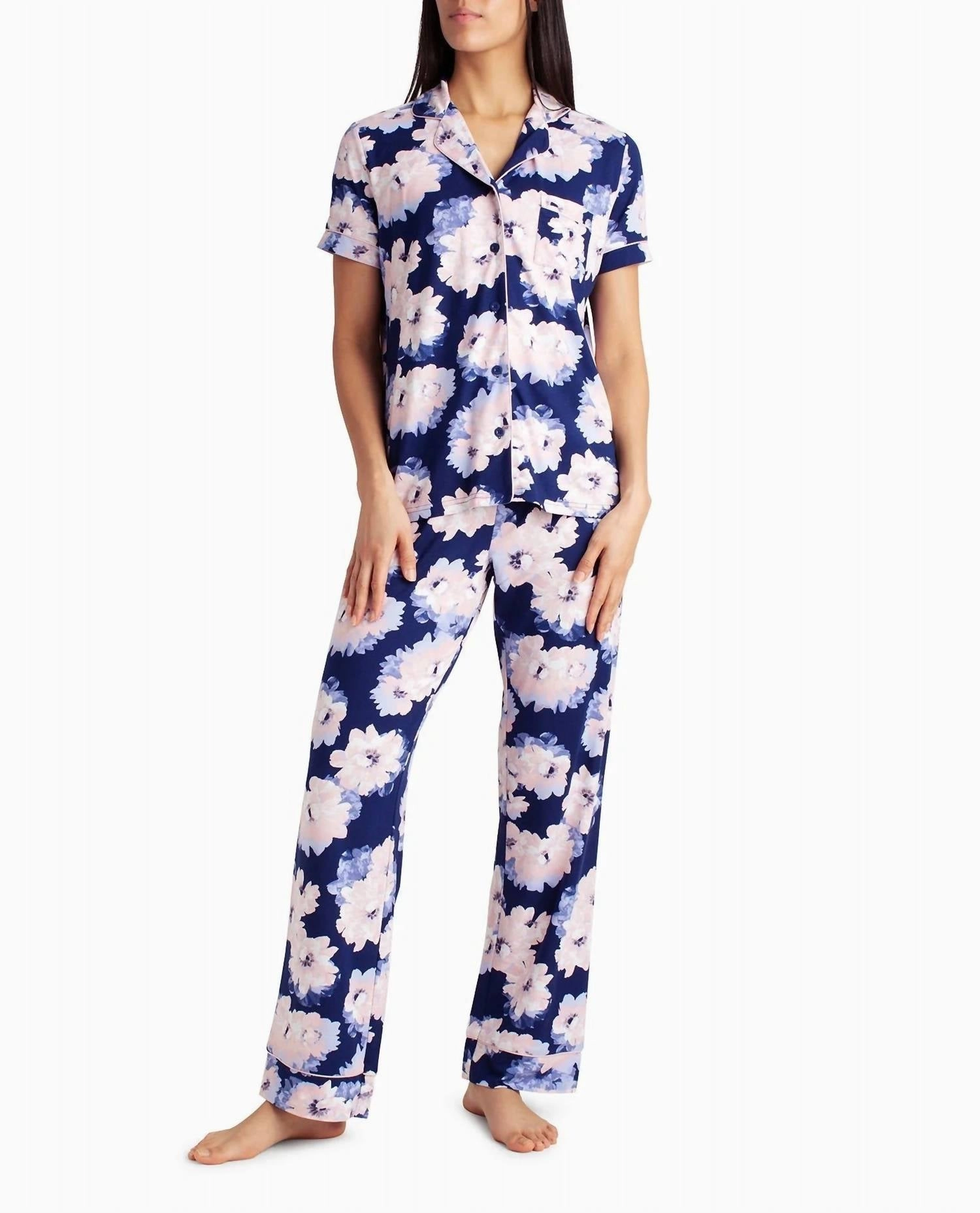 Layered Neckline MoistureWicking Material Peached Jersey Shirt & Pant Two-Piece Sleepwear Set In Indiglo Floral