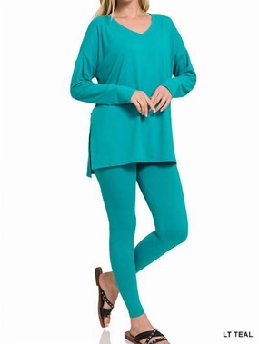 V Neck Lounge Sets In Lt Teal Stretchable Fabric