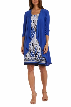 Double Layered Collar SweatWicking Fabric Multi Print 2 Piece Jacket & Dress Set In Blue Berry