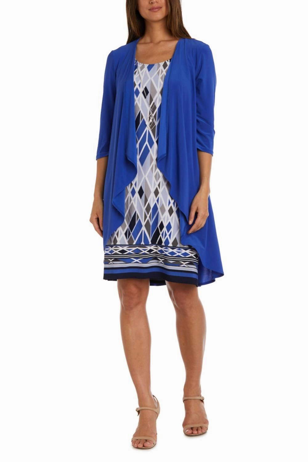 Double Layered Collar SweatWicking Fabric Multi Print 2 Piece Jacket & Dress Set In Blue Berry