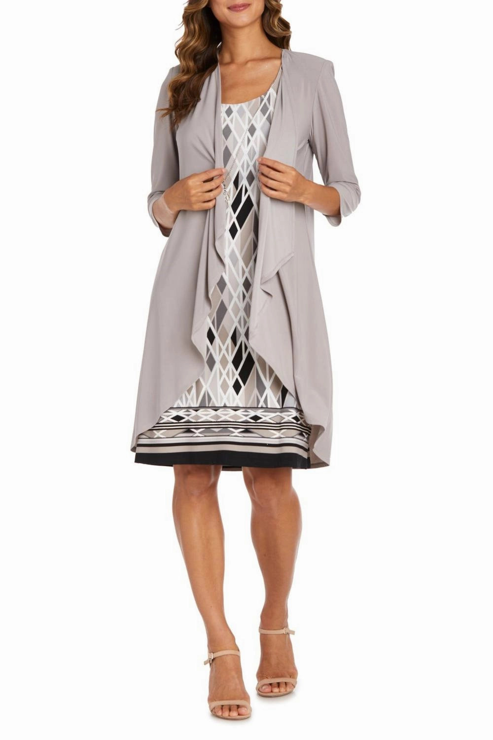 Multi Print 2 Piece Jacket & Dress Set In Taupe/black Layered Hem Design