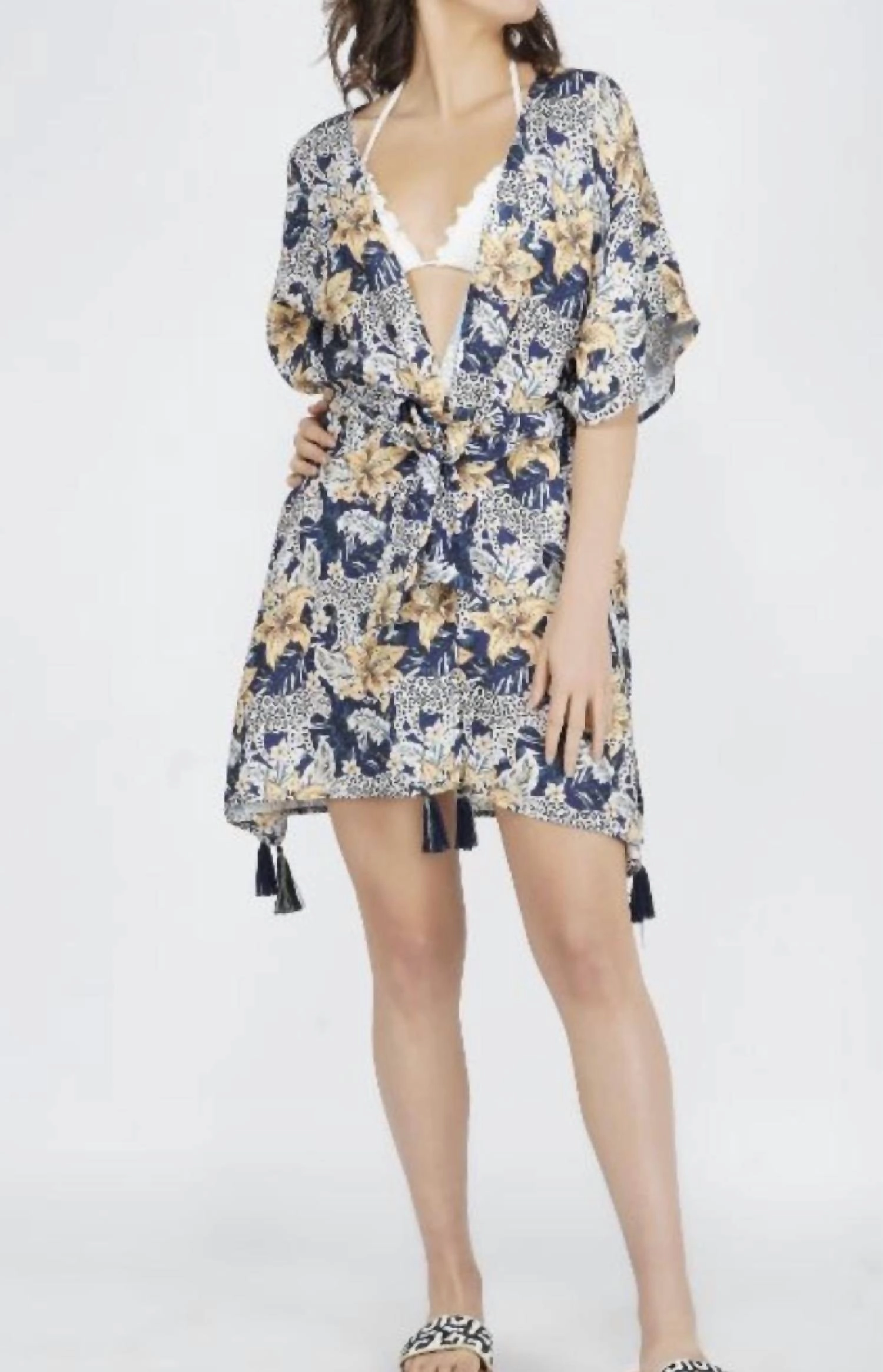 Wild Flowers Kimono In Navy Multi Midweight Fabric Stretchable Cuffs