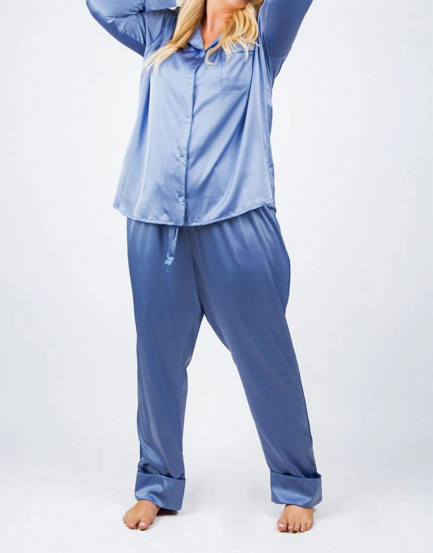 FourWay Stretch Cozy Thermal Insulation Silk Pajama Set - Plus In Silk Blue