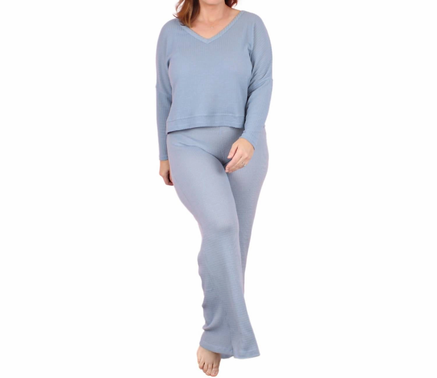 Soft And Cozy Waffle Lounge Set In Dusty Blue SweatWicking Fabric
