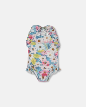 Printed One-Piece Swimsuit With Frills White, Pink, And Green Flowers Summer Adventure Water Repellent Lining