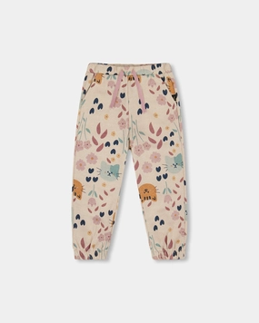 Comfort Stretch Easy Care Glittering French Terry Sweatpant Beige Cat Print