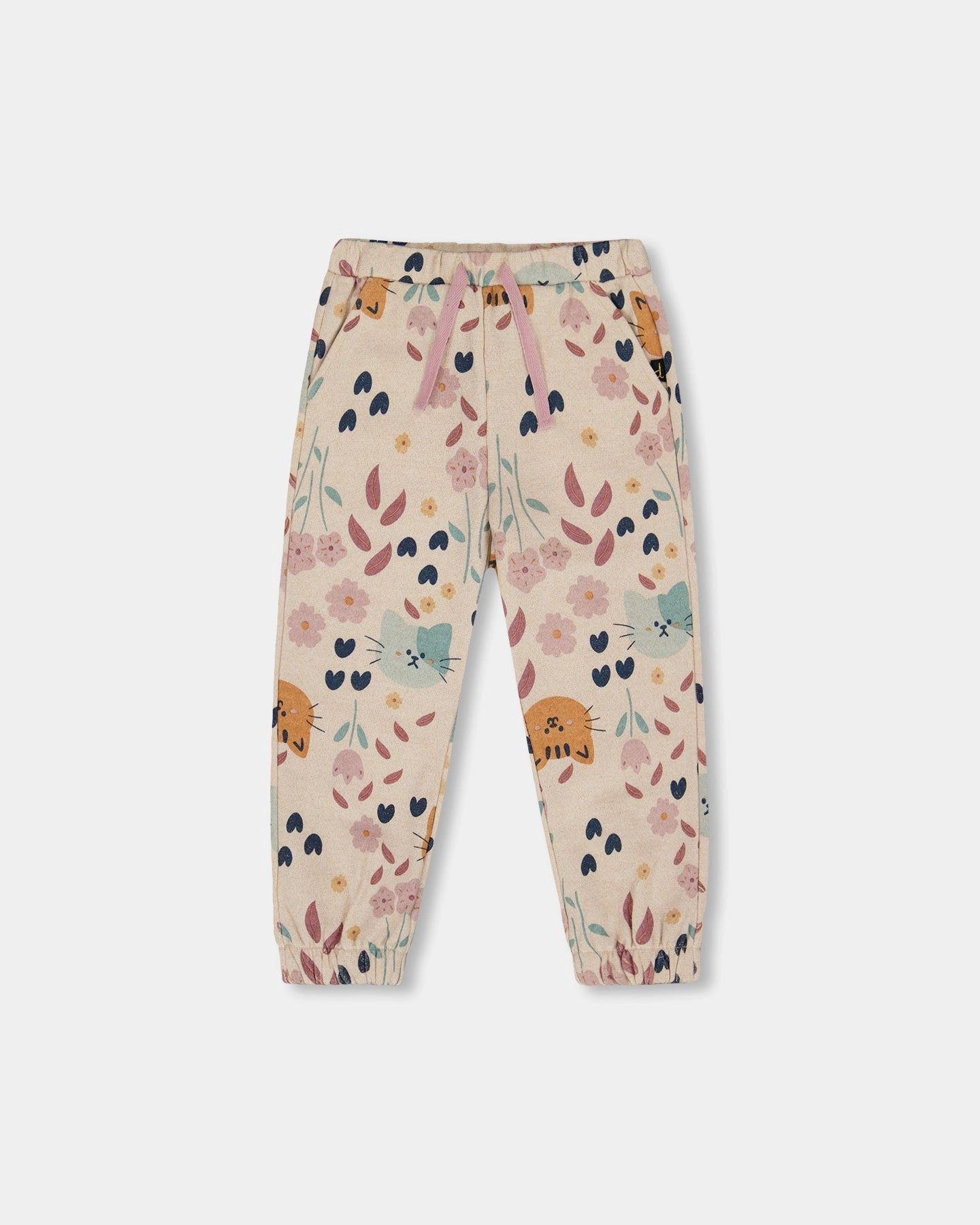 Comfort Stretch Easy Care Glittering French Terry Sweatpant Beige Cat Print