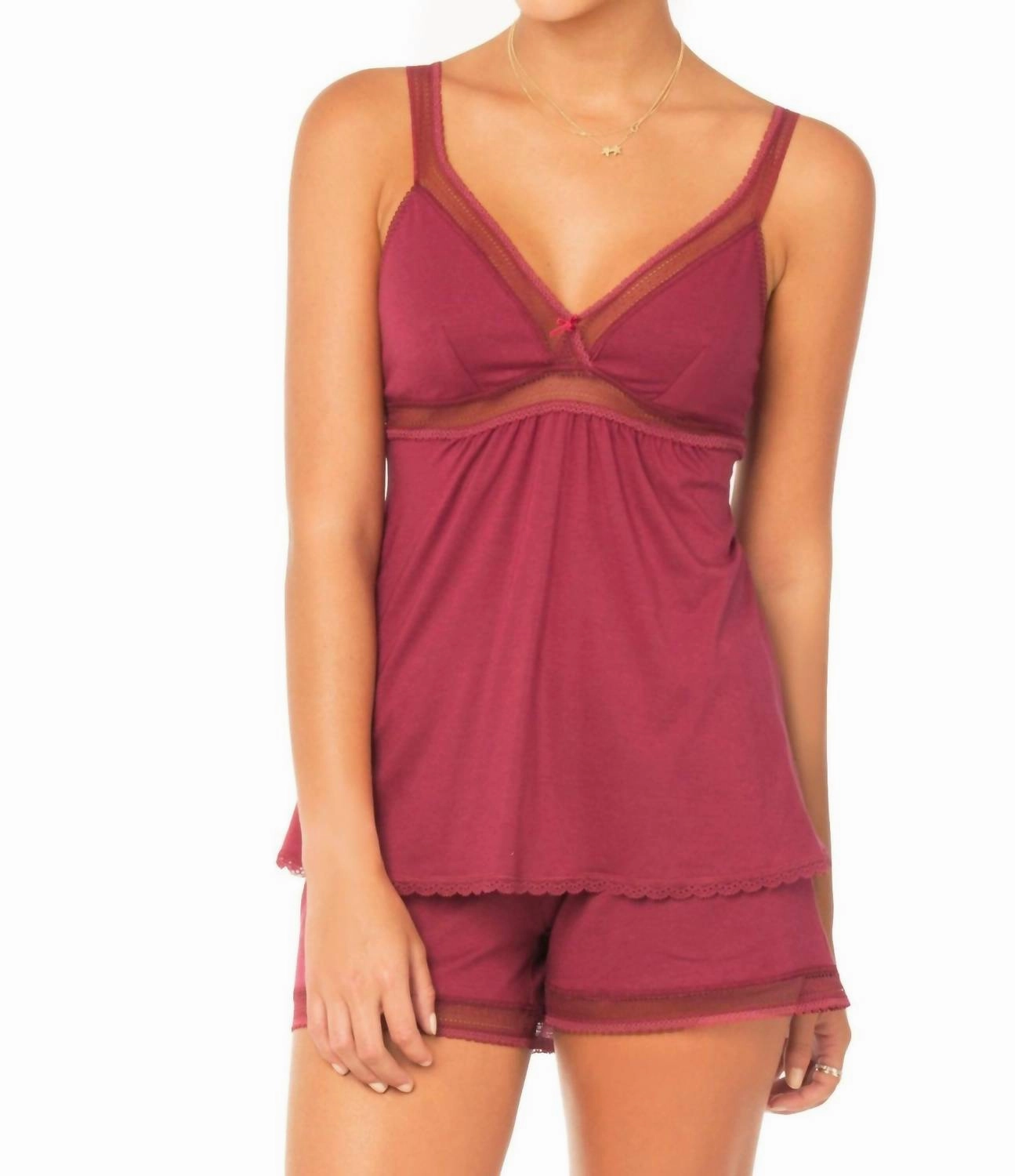 Durable Reinforced Edging Rebecca Tank Strap Camisole Boxer Pajama Set In Wine