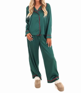 Cozy Claus Satin Christmas Pajamas In Green Plush Brushed Interior French Terry