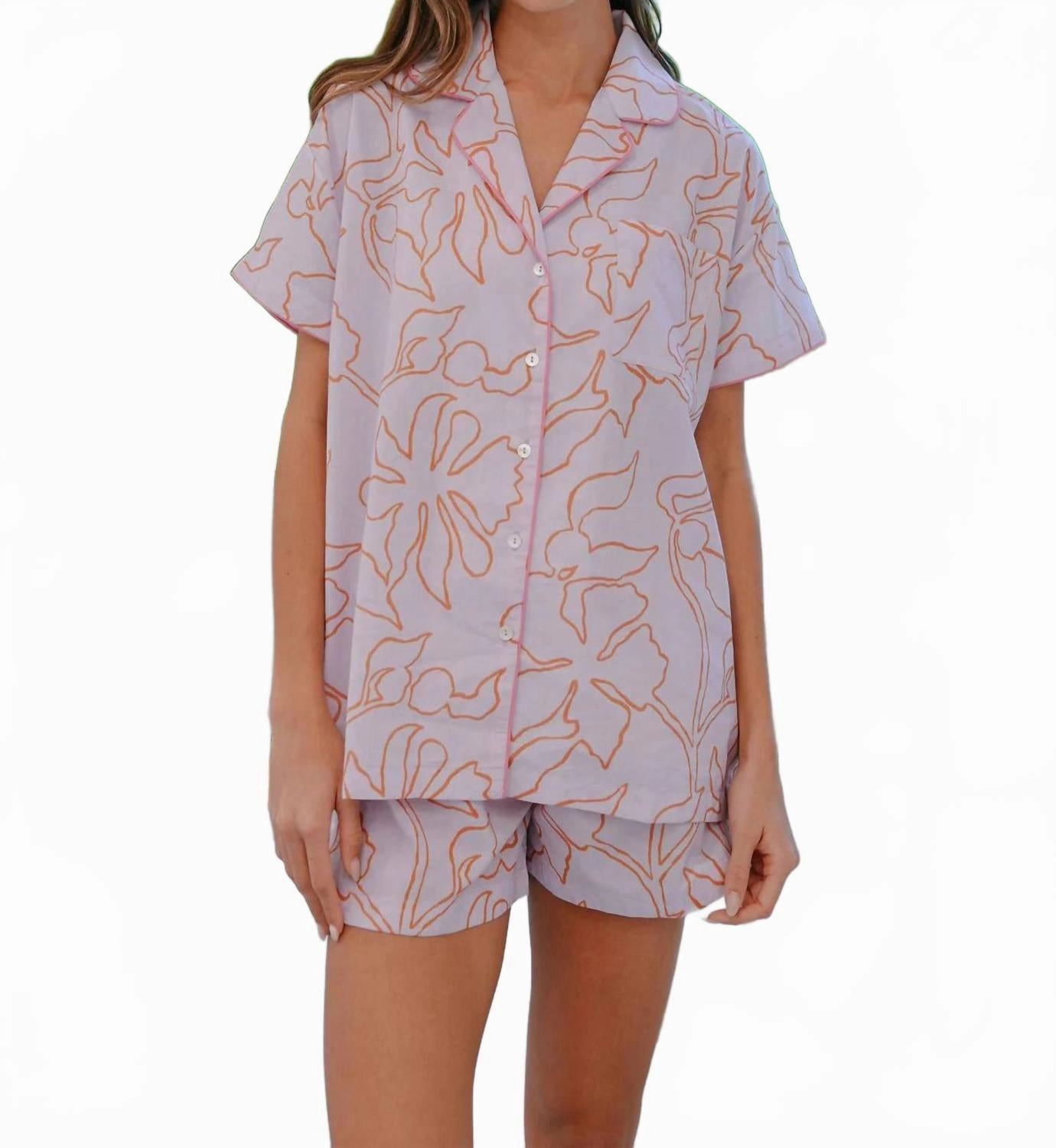 Cotton Pajama Short Set In Uma Foxglove Comfort Fit Design Adaptive Body Contouring