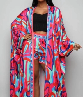 Alia Kimono Short Set In Pink Multi Print Dropped Shoulder Cut Non Restrictive Waistband