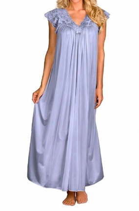 Soft Jersey Knit Long Lace Cap Sleeve Nightgown In Peri Frost