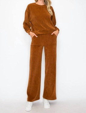 Lounging Around Corduroy Set In Cooper Static Resistant Fibers Stretchable Cuffs