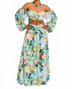 Tropical Floral Puff Sleeve Two-Piece Set With Slit Skirt In Multi MoistureWicking Material