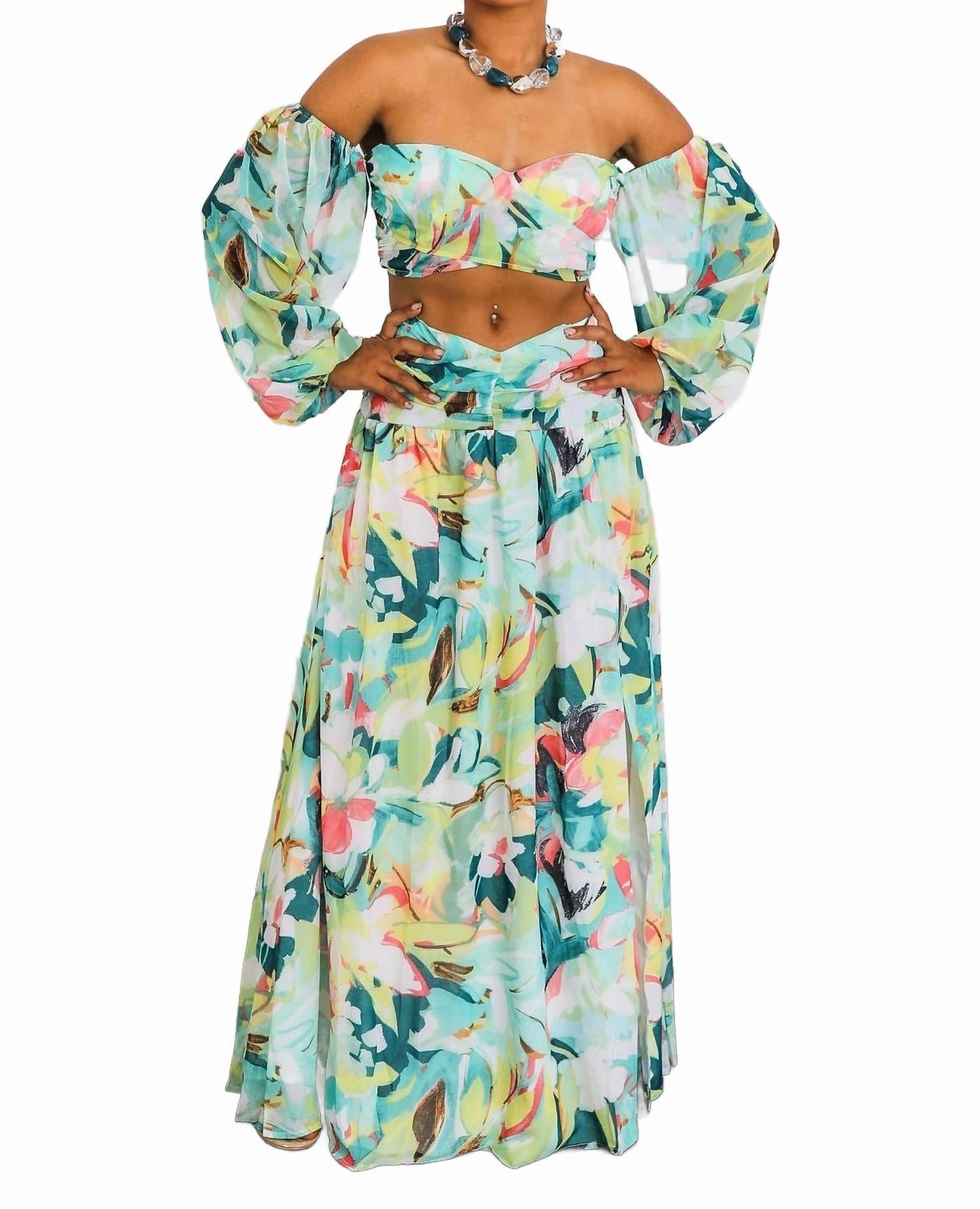 Tropical Floral Puff Sleeve Two-Piece Set With Slit Skirt In Multi MoistureWicking Material