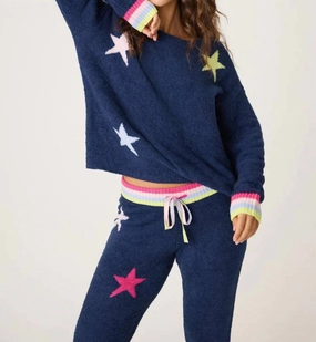 Marshmallow Star Party Top In Navy Midweight Knit Fade Resistant Dye