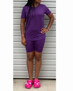 Flexible Stretch Material elastic waistband Peace Short Set In Purple