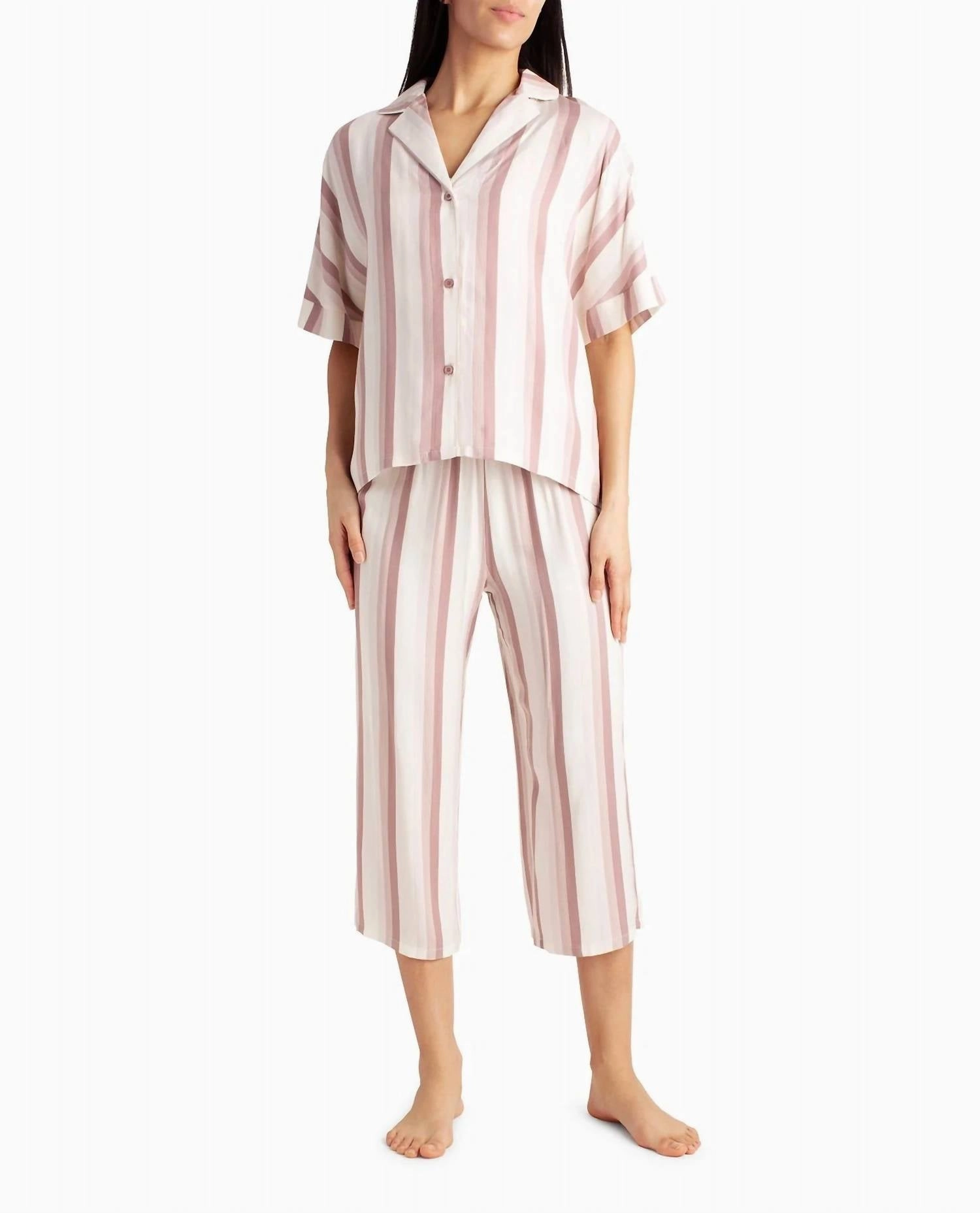 Woven Shirt And Capri Two-Piece Sleepwear Set In Dune Textured Block Stripe Butterfly Hem Detail