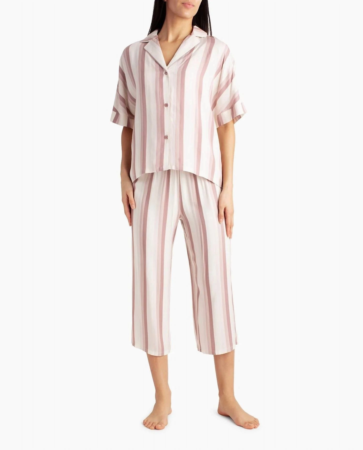 Woven Shirt And Capri Two-Piece Sleepwear Set In Dune Textured Block Stripe TemperatureRegulating Fabric