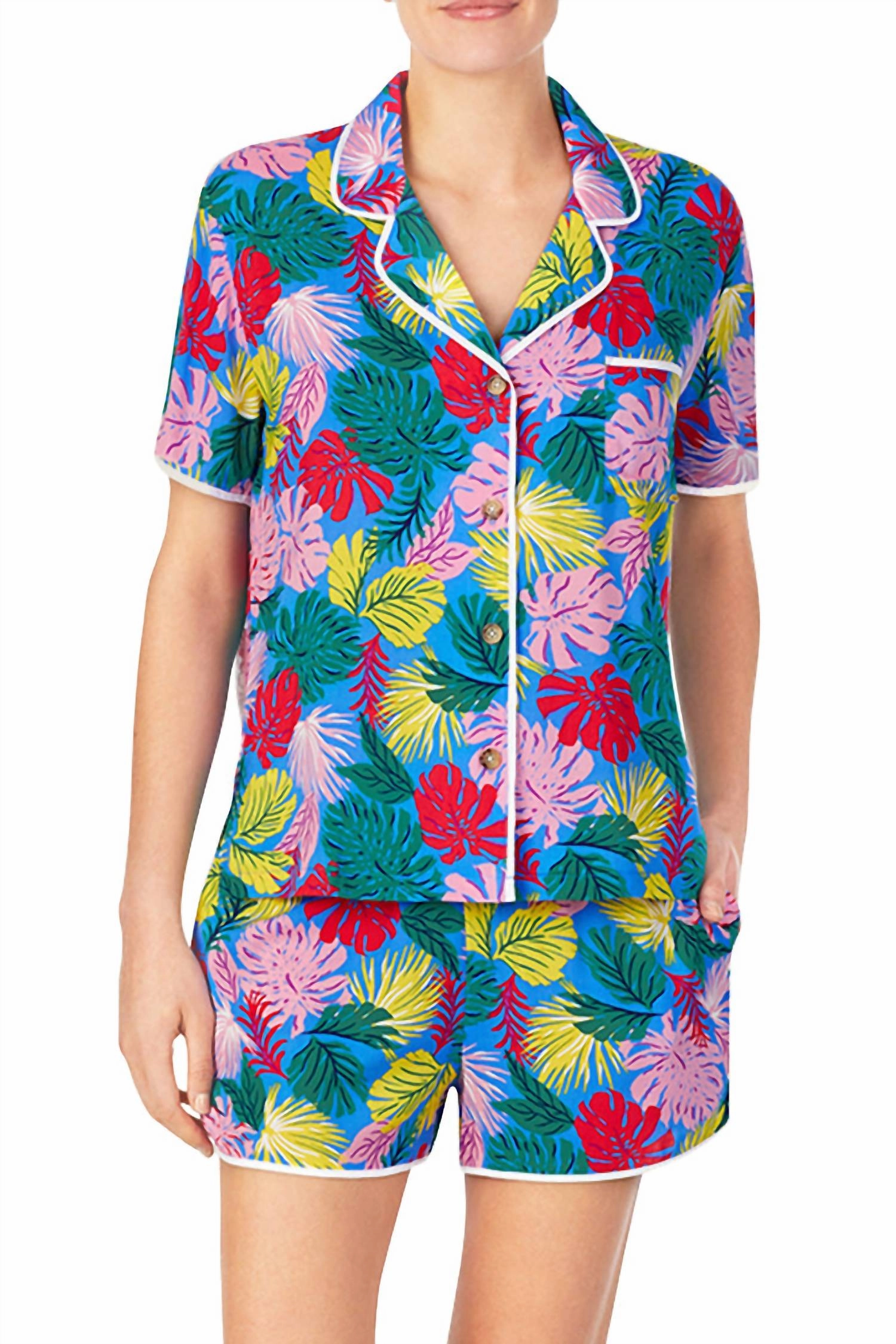 Notched Collar Front Patch Pocket Short Sleeve Sleep Pajama Shirt In Palm Leaves Layered Texture Versatile Layering