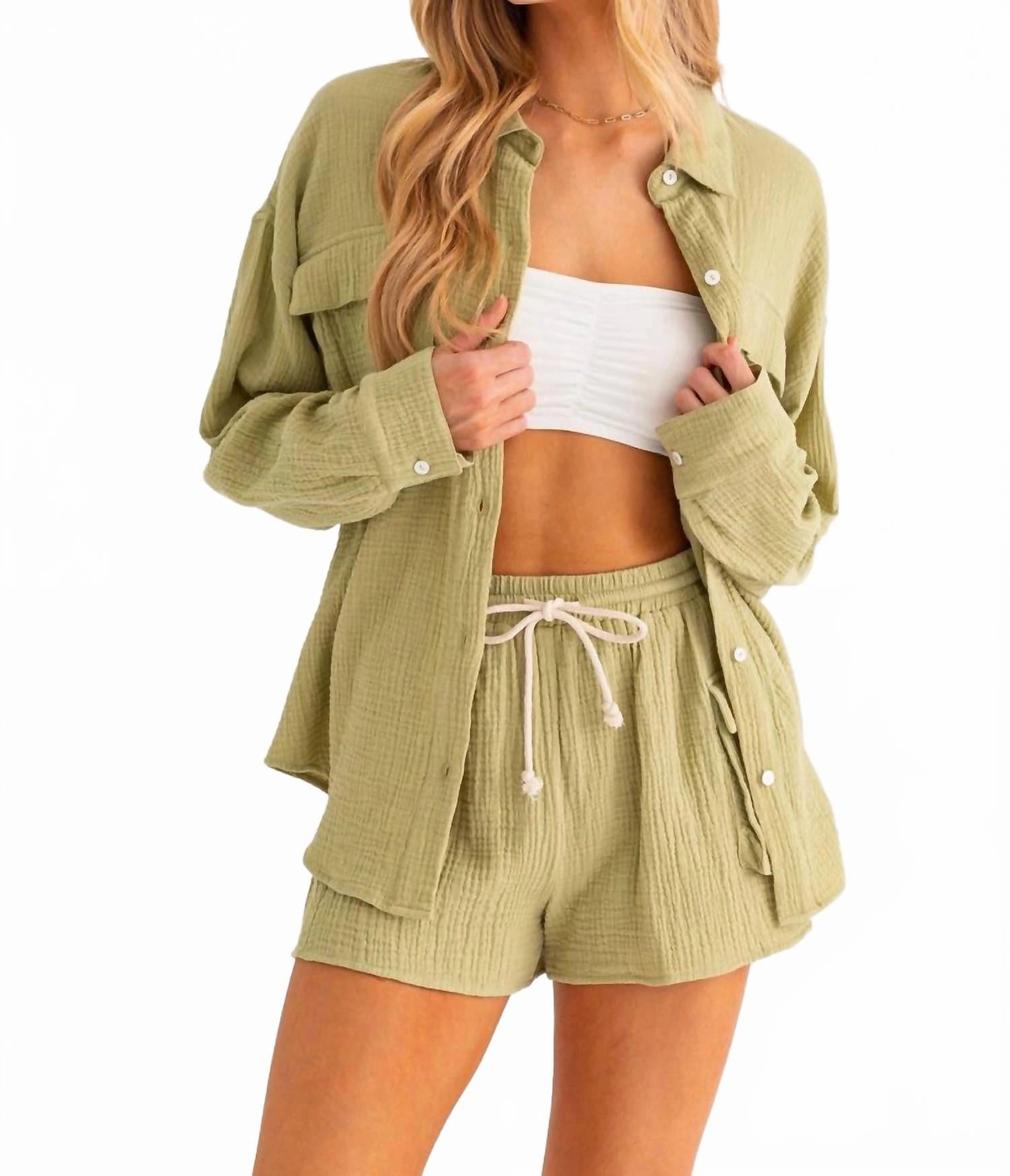Double Needle Stitching Linen Breeze Set In Light Green