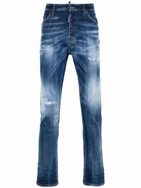 elastic waistband Blue Slim-Fit Denim Trousers With Distressed Detailing