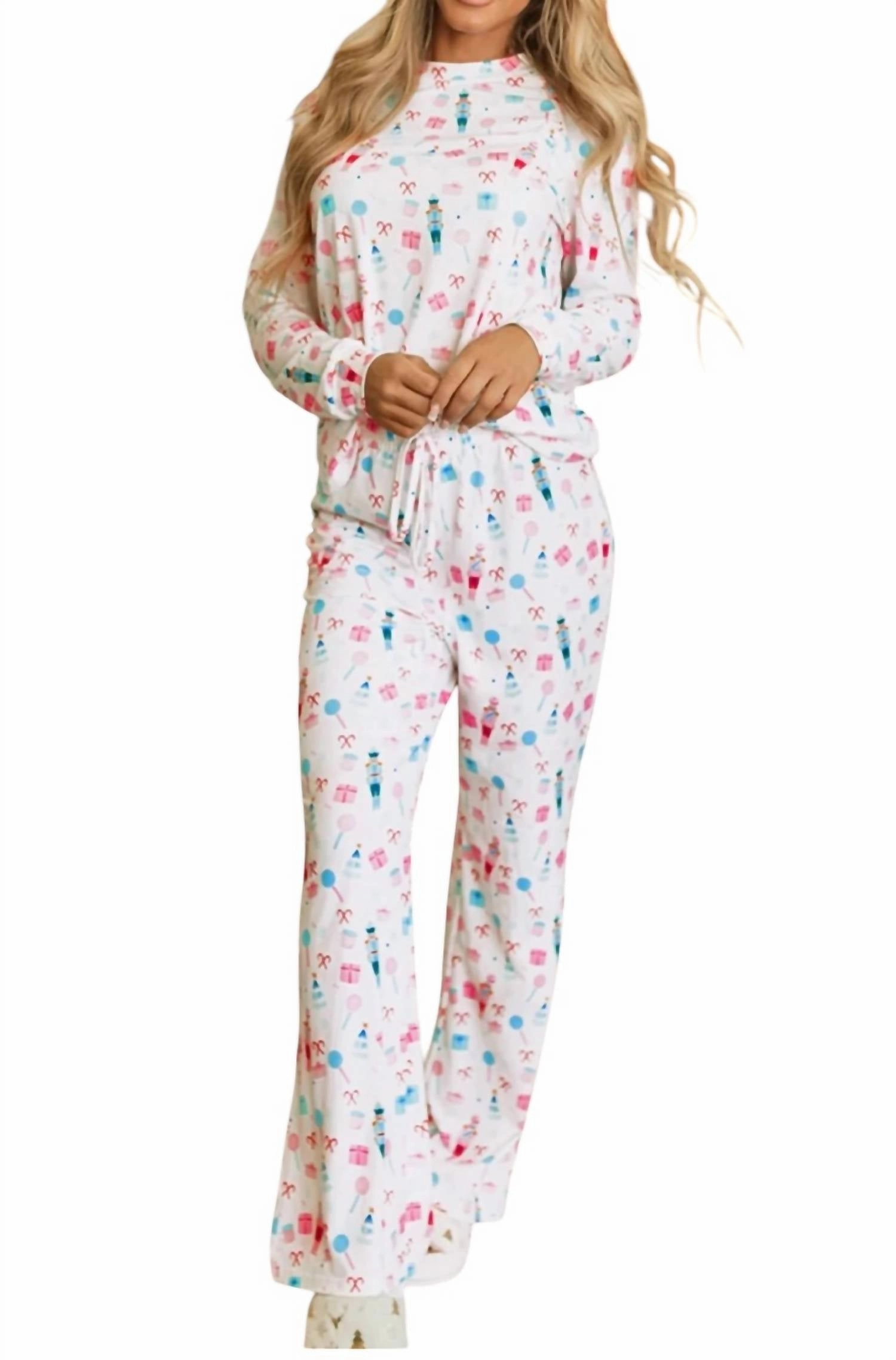 Plush Brushed Interior Comfort waistband Holiday Pajamas In White