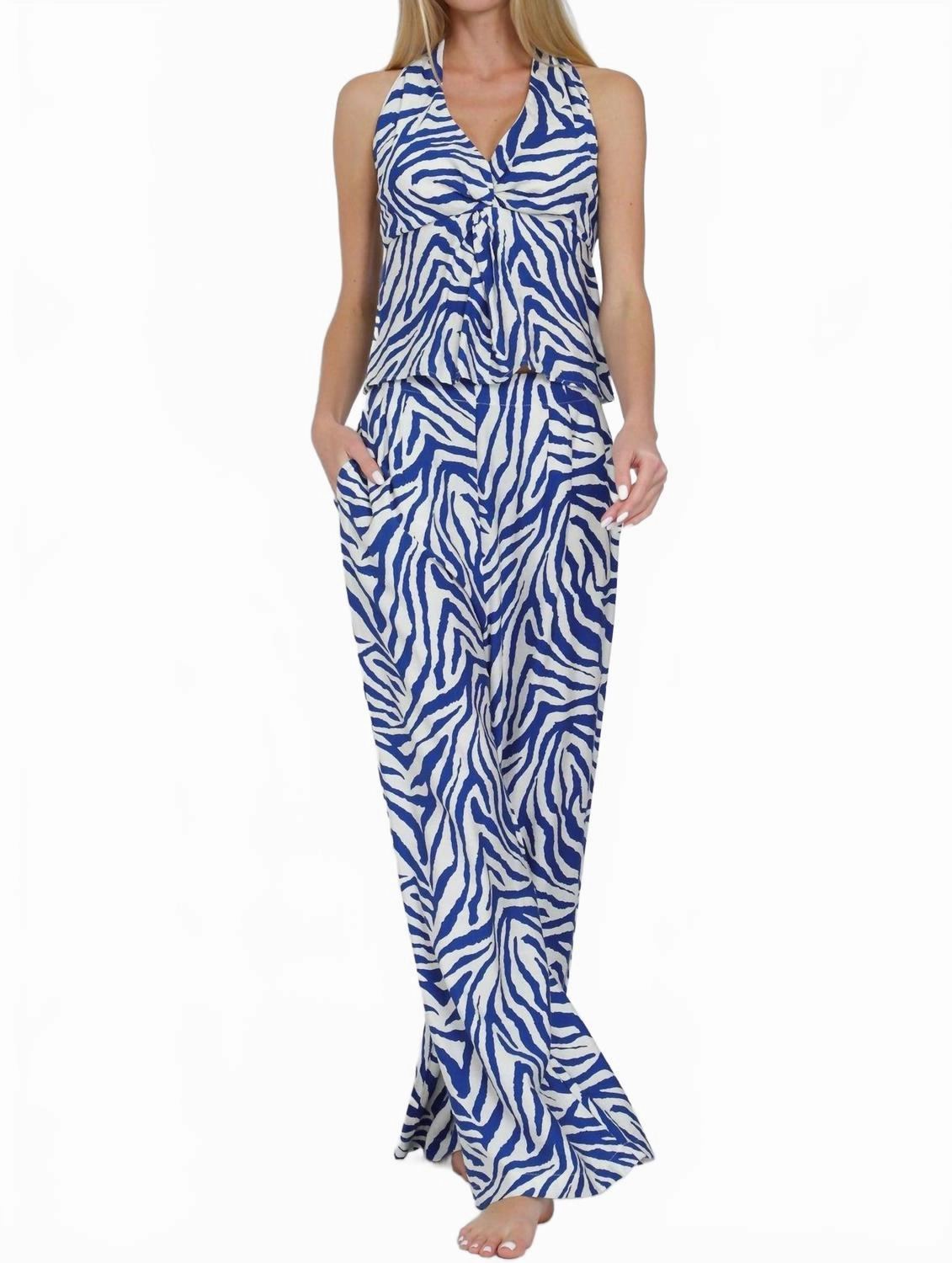 Breathable Material Ultra Stretch Waistband Halter Tie Back Waisted Top & Long Pants Set In Ivory/blue