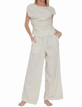 Off Shoulder Top & High Waisted Long Pants Set In Oatmeal Flexible Stretch Material Cozy Feel