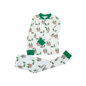 Odor Resistant Tech Flexible Waistband Boy's Christmas Tree Farm Pajama Set In White & Green Print