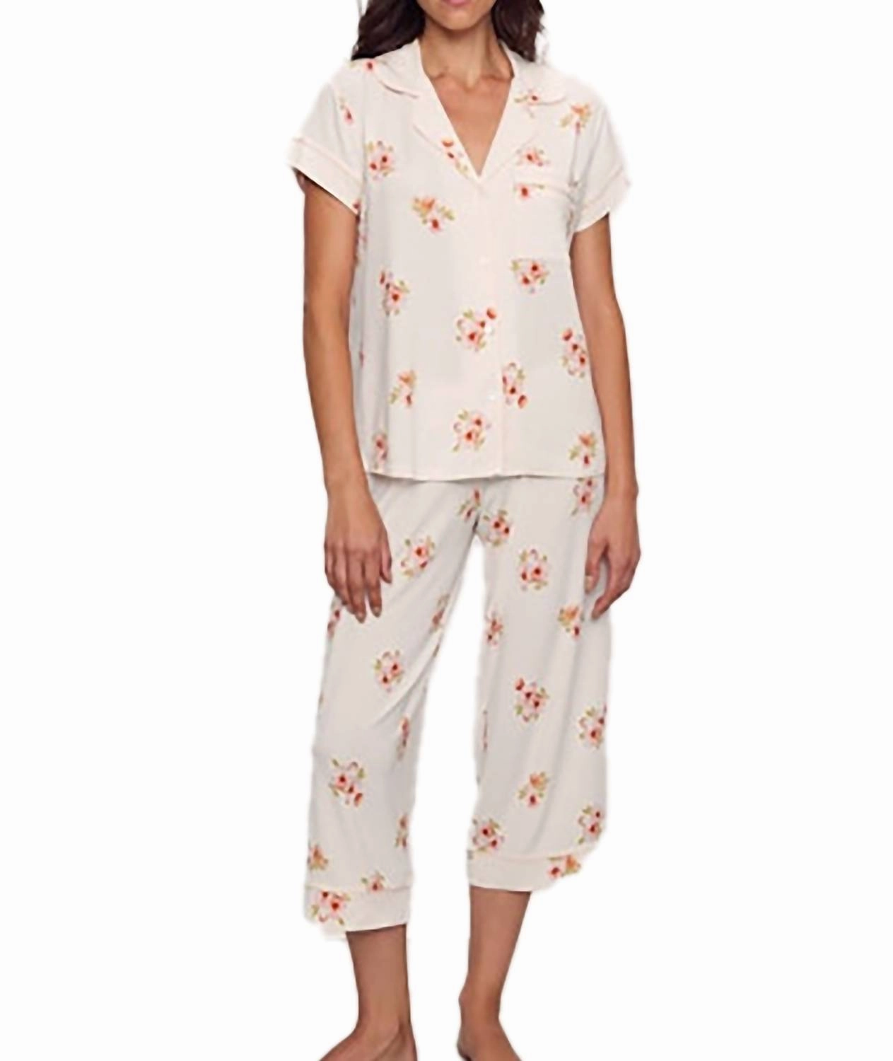 Gisele Short Sleeve Crop Pj Set In Floral Bloom Ivory/vanilla Cream AntiPilling Technology LowProfile Stitching