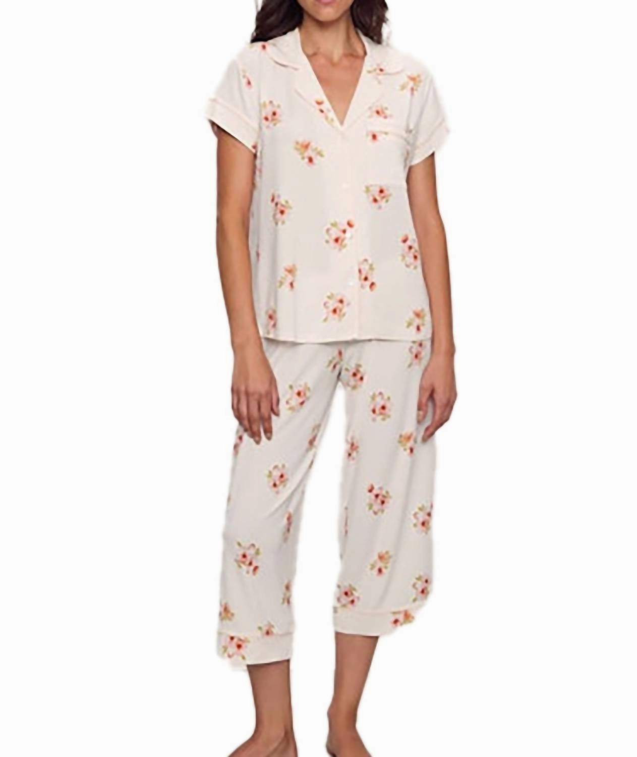 Convertible Features All Day Comfort Design Gisele Short Sleeve Crop Pj Set In Floral Bloom Ivory/vanilla Cream