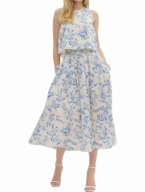 Picasso Sleeveless Top And Midi Skirt Set In Cream Blue Flexible Waistband