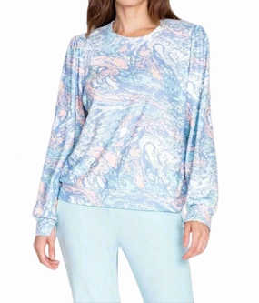 Molten Marble Long Sleeve Lounge Top In Multi Layered Hem Design Easy Care Fabric